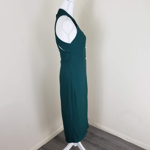 Vintage Knapp Studio Sleeveless Buttoned Halter Neck Dress Emerald Green Size 7 - Picture 3 of 11
